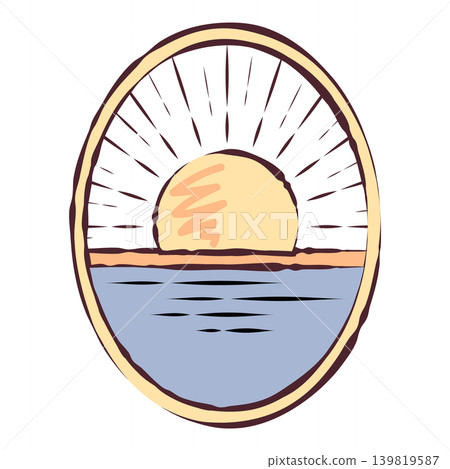 復古圓形邊框插圖，描繪了大海和日出 139819587