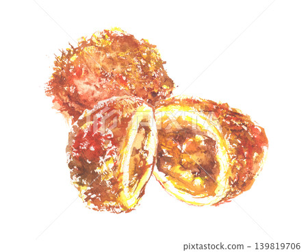 一幅水彩插圖，描繪了一個被切成兩半的咖哩包。 139819706