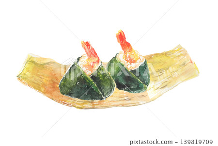 A watercolor illustration of tempura rice balls wrapped in bamboo leaves. A watercolor illustration of tempura rice balls wrapped in bamboo leaves. 139819709