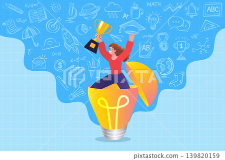 Student celebrating academic success with trophy and idea bulb. Creative learning achievement banner for school websites, scholarship webinars, or educational competition posters. 139820159