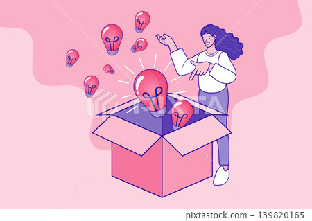 Creative thinking concept with woman opening a box of ideas. Light bulb inspiration banner for startup websites, innovation webinars, or brainstorming session posters. Creative thinking concept with woman opening a box of ideas. Light bulb inspiration banner for startup websites, innovation webinars, or brainstorming session posters. 139820165