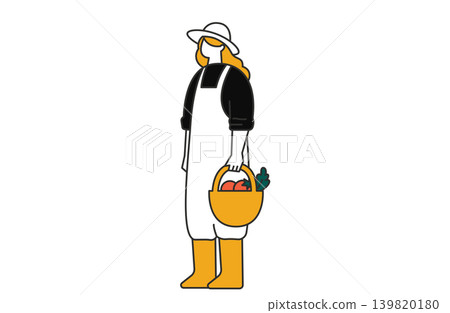 A woman wearing farming clothes and carrying a harvest basket full of vegetables. A woman wearing farming clothes and carrying a harvest basket full of vegetables. 139820180