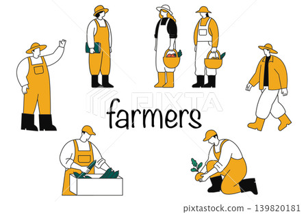 A set of illustrations of farmers performing various farming tasks and harvests. A set of illustrations of farmers performing various farming tasks and harvests. 139820181