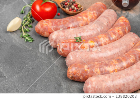 Raw sausages with tomato and garlic on dark background 139820208