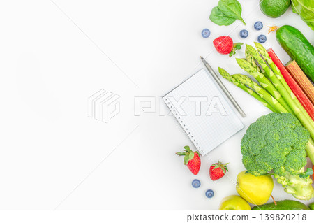 Healthy food planning background with fresh fruits vegetables and notebook, top view copy space banner Healthy food planning background with fresh fruits vegetables and notebook, top view copy space banner 139820218