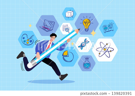 Man holding giant pencil with various academic hexagon icons. Creative education and integrated learning banner for school websites, STEAM webinars, or multi-disciplinary study posters. Man holding giant pencil with various academic hexagon icons. Creative education and integrated learning banner for school websites, STEAM webinars, or multi-disciplinary study posters. 139820391
