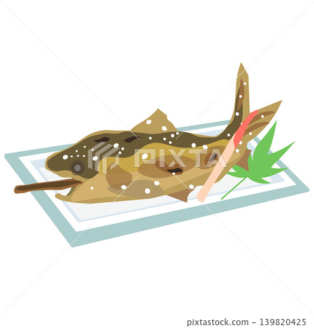An illustration of salt-grilled sweetfish on a skewer, served on a plate. An illustration of salt-grilled sweetfish on a skewer, served on a plate. 139820425