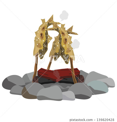 圖示為在石砌爐膛中用木炭烤製鹽漬香魚。 圖示為在石砌爐膛中用木炭烤製鹽漬香魚。 139820428