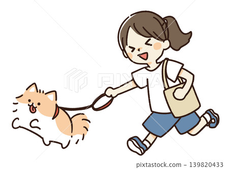 Illustration of a woman walking a dog 139820433