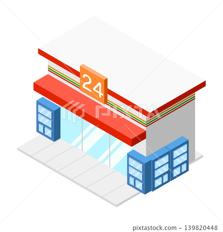 An isometric illustration of a convenience store exterior with orange and red lines. An isometric illustration of a convenience store exterior with orange and red lines. 139820448