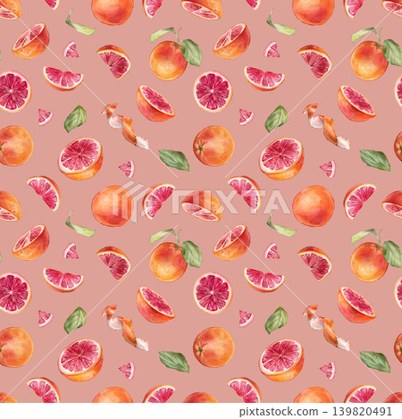 Seamless pattern with watercolor illustration of grapefruit and orange with white flowers. Hand painted print with citrus branch with green leaves for wrapping paper, textile design Seamless pattern with watercolor illustration of grapefruit and orange with white flowers. Hand painted print with citrus branch with green leaves for wrapping paper, textile design 139820491