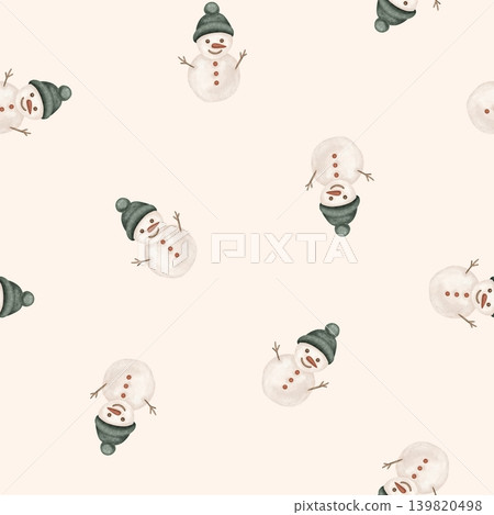 Seamless pattern with illustration snowman in the green hat. Hand drawing sketch on white isolated background. Repeat ornament with Snowman with dark red buttons for Christmas or New years design. 139820498