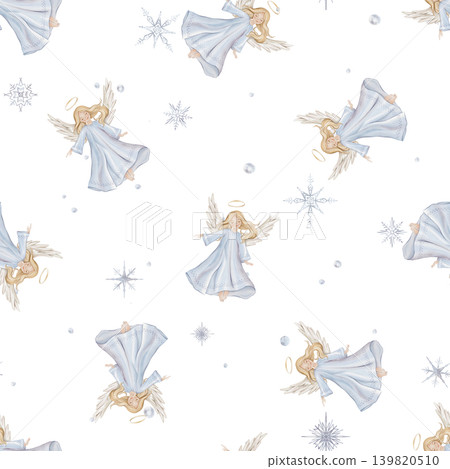 Seamless pattern with cute Christmas angel with light hair and blue dress in minimalist scandinavian style. Hand drawn illustration repeat ornament with snowflakes children's design. Seamless pattern with cute Christmas angel with light hair and blue dress in minimalist scandinavian style. Hand drawn illustration repeat ornament with snowflakes children's design. 139820510