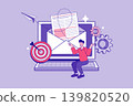 Managing online campaigns with target and gear icons. This colorful illustration features a giant computer screen with an open envelope, representing effective message reach and systematic workflow. Managing online campaigns with target and gear icons. This colorful illustration features a giant computer screen with an open envelope, representing effective message reach and systematic workflow. 139820520