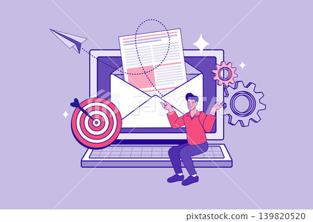 Managing online campaigns with target and gear icons. This colorful illustration features a giant computer screen with an open envelope, representing effective message reach and systematic workflow. Managing online campaigns with target and gear icons. This colorful illustration features a giant computer screen with an open envelope, representing effective message reach and systematic workflow. 139820520