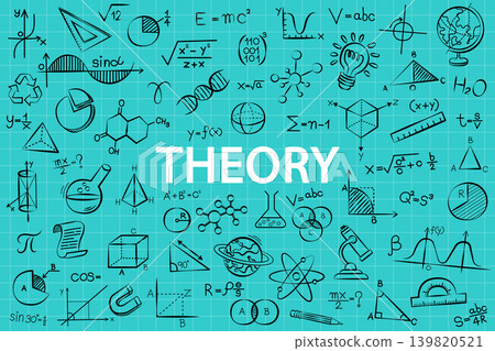 Science theory background with hand-drawn academic doodles. Math formulas and physics icons banner for online education, university webinar, or student study guide poster. 139820521