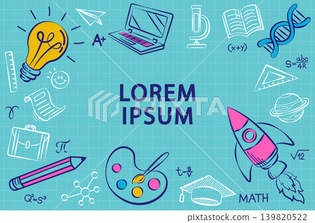 Education doodle frame with academic icons on blue grid background. Creative STEAM learning border for school presentations, e-learning website banners, or student project posters. Education doodle frame with academic icons on blue grid background. Creative STEAM learning border for school presentations, e-learning website banners, or student project posters. 139820522