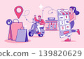 Full e-commerce service concept with online shopping and scooter delivery. Digital retail cycle and fast shipment banner for marketplace websites, logistics webinars, or local business strategy poster Full e-commerce service concept with online shopping and scooter delivery. Digital retail cycle and fast shipment banner for marketplace websites, logistics webinars, or local business strategy poster 139820629