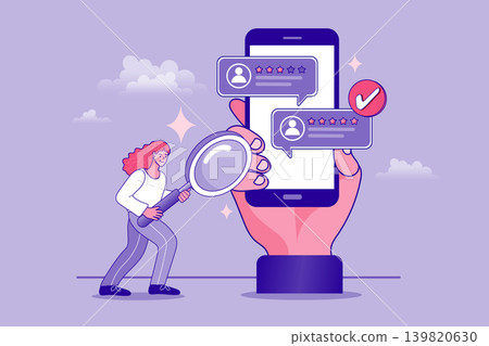 Customer review analysis concept with woman and giant smartphone. Online reputation management and user feedback banner for business websites, marketing webinars, or service quality posters. Customer review analysis concept with woman and giant smartphone. Online reputation management and user feedback banner for business websites, marketing webinars, or service quality posters. 139820630