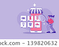 Online shopping and e-commerce concept with woman managing store. Digital retail business and mobile payment banner for shopping websites, dropshipping webinars, or marketplace strategy posters. Online shopping and e-commerce concept with woman managing store. Digital retail business and mobile payment banner for shopping websites, dropshipping webinars, or marketplace strategy posters. 139820632