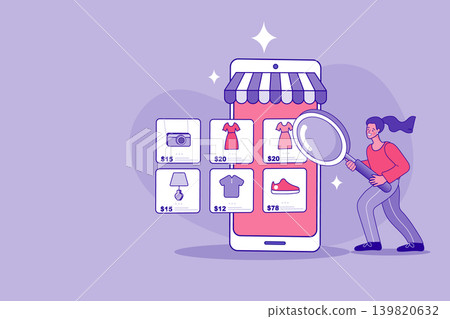 Online shopping and e-commerce concept with woman managing store. Digital retail business and mobile payment banner for shopping websites, dropshipping webinars, or marketplace strategy posters. 139820632