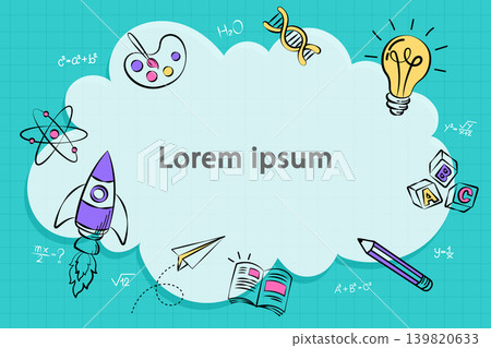 Education doodle frame with school and science icons. Teal grid background for online learning banners, classroom headers, or student project covers. Education doodle frame with school and science icons. Teal grid background for online learning banners, classroom headers, or student project covers. 139820633