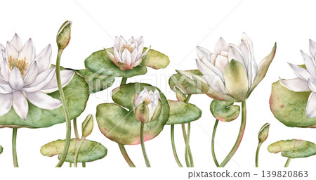 Seamless horizontal border or banner with watercolor white water lilies and green leaves. Hand-drawn illustration on white background. Elegant floral design for textiles, wrapping paper, or borders. Seamless horizontal border or banner with watercolor white water lilies and green leaves. Hand-drawn illustration on white background. Elegant floral design for textiles, wrapping paper, or borders. 139820863