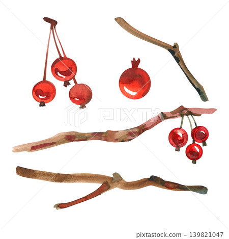 Hand drawn watercolor set of festive design elements. Features isolated winter branches, bare wooden twigs, and clusters of vibrant red winter berries, perfect for creating Christmas holiday patterns Hand drawn watercolor set of festive design elements. Features isolated winter branches, bare wooden twigs, and clusters of vibrant red winter berries, perfect for creating Christmas holiday patterns 139821047