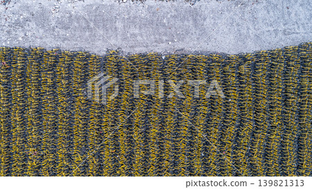A vertical aerial view capturing countless shared bicycles neatly and densely lined up from directly above. A vertical aerial view capturing countless shared bicycles neatly and densely lined up from directly above. 139821313