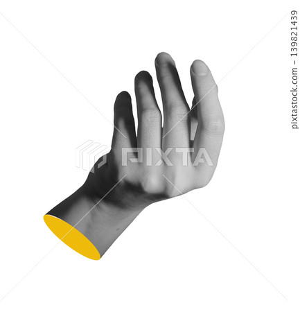 Black and white hand raised with open palm. Arm isolated with yellow cut edge detail. Minimal collage concept expressing human gesture communication.. Black and white hand raised with open palm. Arm isolated with yellow cut edge detail. Minimal collage concept expressing human gesture communication.. 139821439