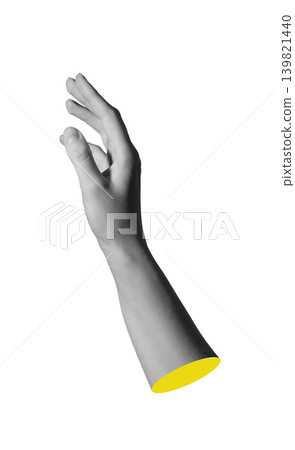 Black and white hand reaching upward gesture. Arm isolated with yellow cut edge detail. Minimal collage concept of human gesture and expression.. Black and white hand reaching upward gesture. Arm isolated with yellow cut edge detail. Minimal collage concept of human gesture and expression.. 139821440