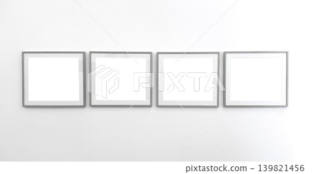 Four empty picture frames arranged on wall. Minimal square borders forming simple gallery layout. Interior decoration idea for modern art display.. Four empty picture frames arranged on wall. Minimal square borders forming simple gallery layout. Interior decoration idea for modern art display.. 139821456