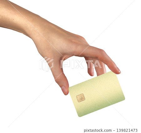 Hand holding gradient bank card isolated on light background. Payment card gripped between fingers. Financial payment concept for banking purchase and spending.. Hand holding gradient bank card isolated on light background. Payment card gripped between fingers. Financial payment concept for banking purchase and spending.. 139821473