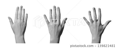 Hand lifts with fingers spread displaying back side against neutral background. Rear surface shows extended digits forming wide spacing pose. Communication concept illustrating attention Hand lifts with fingers spread displaying back side against neutral background. Rear surface shows extended digits forming wide spacing pose. Communication concept illustrating attention 139821481