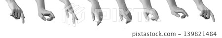 Hand performs finger click and touch gesture with index contacting thumb against neutral background. Digits create pressing motion forming interaction pose. Communication concept Hand performs finger click and touch gesture with index contacting thumb against neutral background. Digits create pressing motion forming interaction pose. Communication concept 139821484