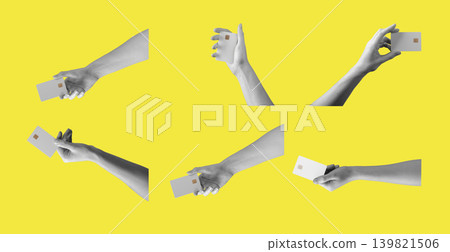Hands holding different bank cards on bright yellow background. Collage composition with multiple gestures showing payment cards. Financial concept of spending purchase and money access.. Hands holding different bank cards on bright yellow background. Collage composition with multiple gestures showing payment cards. Financial concept of spending purchase and money access.. 139821506