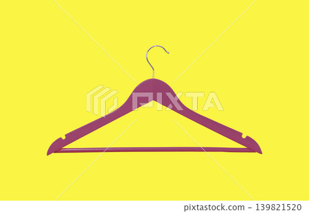 Pink hanger placed against bright yellow background. Clothing support tool with hook and bar shape. Minimal fashion storage concept for wardrobe organization.. Pink hanger placed against bright yellow background. Clothing support tool with hook and bar shape. Minimal fashion storage concept for wardrobe organization.. 139821520