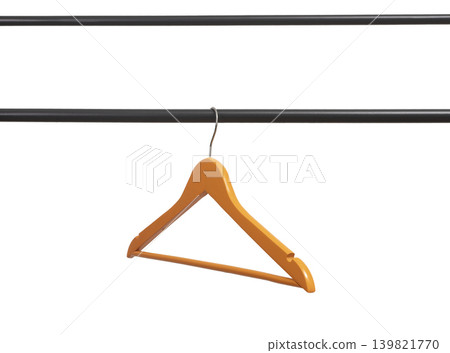 Wooden hanger hanging on metal rod, rail isolated on white. Wooden hanger hanging on metal rod, rail isolated on white. 139821770