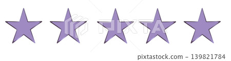 Five purple star rating icons arranged in a horizontal row, simple flat illustration of a review score scale used to indicate maximum quality, feedback, satisfaction, or evaluation in user 139821784