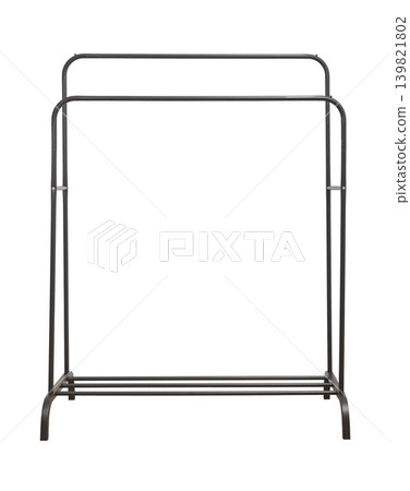 Metal rack, empty floor rail for clothing isolated on white background. 139821802