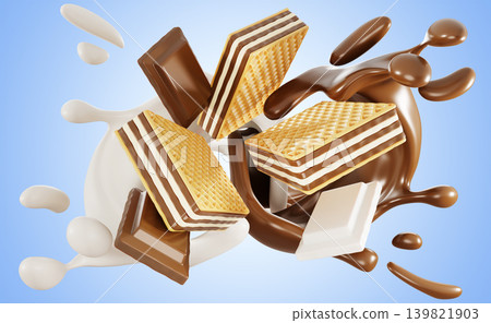 Wafer biscuit with chocolate and milk splash on blue 3d background. Crispy waffle cookies with layers of vanilla cream, white and dark choco bar square pieces. Delicious sweet dessert. 3D illustration Wafer biscuit with chocolate and milk splash on blue 3d background. Crispy waffle cookies with layers of vanilla cream, white and dark choco bar square pieces. Delicious sweet dessert. 3D illustration 139821903