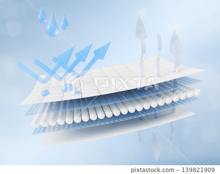 Waterproof breathable fabric 3d icon with water drops, transparent and blue arrows, 5 layer effect. Membrane structure, moisture protection with airflow, textile prevent liquid water. 3D illustration Waterproof breathable fabric 3d icon with water drops, transparent and blue arrows, 5 layer effect. Membrane structure, moisture protection with airflow, textile prevent liquid water. 3D illustration 139821909