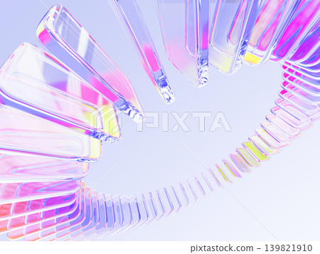 Hologram glass circle array with rainbow gradient effect in pink purple yellow colors on light blue 3d background. Abstract ring of crystal holographic transparent rectangle shapes. 3D illustration 139821910