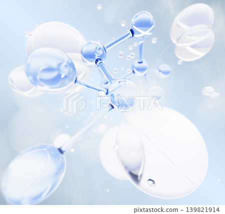 Water molecule with bubbles on light blue 3d background. Liquid cosmetic product of lotion, essential oil, moisture essence, shampoo. Clear gel collagen serum drops, chemical formula. 3D illustration Water molecule with bubbles on light blue 3d background. Liquid cosmetic product of lotion, essential oil, moisture essence, shampoo. Clear gel collagen serum drops, chemical formula. 3D illustration 139821914