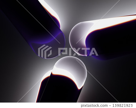Neon glass rounded lines black 3D background. Holographic transparent stripes overlay and eclipse effect. Abstract glass morphism plates pattern with red blue glow, soft blur gradient. 3D illustration 139821923