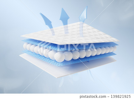 3D breathable synthetic fabric icon with blue water arrows, layered effect. Polyester, nylon material with air circulation, moisture and sweat evaporate for advertising sports clothes. 3D illustration 3D breathable synthetic fabric icon with blue water arrows, layered effect. Polyester, nylon material with air circulation, moisture and sweat evaporate for advertising sports clothes. 3D illustration 139821925