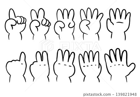 A set of hand sign illustrations for counting from 1 to 5 by children (10 variations: palm, back of hand, front and back). A set of hand sign illustrations for counting from 1 to 5 by children (10 variations: palm, back of hand, front and back). 139821948
