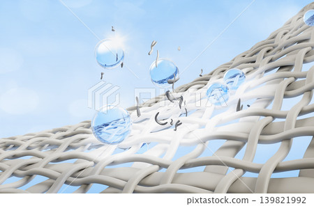 Wash clothes, 3d dirty white fabric fiber structure with soap bubbles or water drops on blue background. Liquid laundry detergent, bleach or stain remover on textile material surface. 3D illustration Wash clothes, 3d dirty white fabric fiber structure with soap bubbles or water drops on blue background. Liquid laundry detergent, bleach or stain remover on textile material surface. 3D illustration 139821992