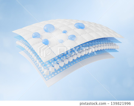 Waterproof fabric structure 3D icon with blue water droplets on surface, 5 layer effect with rain drop beads. Hydrophobic material, moisture resistant textile, membrane technology. 3D illustration Waterproof fabric structure 3D icon with blue water droplets on surface, 5 layer effect with rain drop beads. Hydrophobic material, moisture resistant textile, membrane technology. 3D illustration 139821996