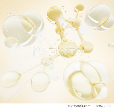 3D yellow background with collagen cell pattern for beauty skin care. Oil ball drop, liquid cosmetic bubble with gold molecule. Golden serum formula, hyaluronic acid, vitamin essence. 3D illustration 139822000